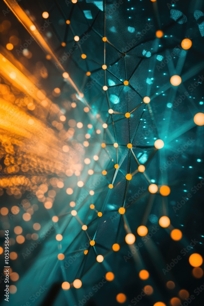 Poster colorful image of a web of lines and dots. the blue and orange colors create a sense of energy and m