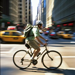 Naklejka premium Cyclist navigating busy city streets a dynamic urban scene