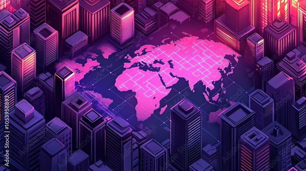Poster a stylized isometric view of a city with the world map glowing in the center.