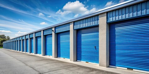 Fototapeta premium Row of self storage units with blue doors and shutters low angle view