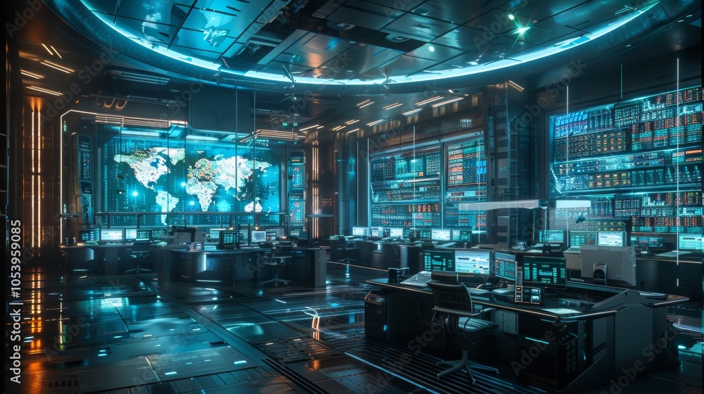 Poster futuristic control room interior with monitors computers and global map display
