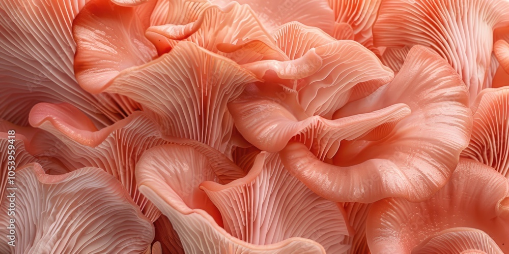 Poster Close up of pink mushrooms, with their stems and caps visible. The mushrooms are arranged in a way that creates a sense of depth and texture, with some appearing to be overlapping or interlocking