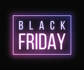 Black friday banner, pink and purple neon text with neon frame on black background, for website, social media, newsletter, email marketing, offer, discount, sale, promotion	