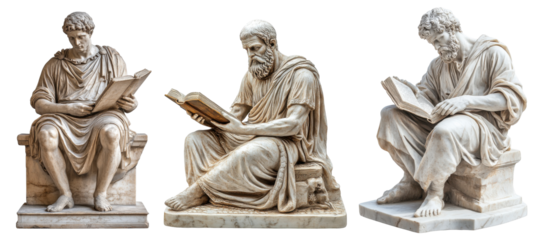 Philosophers in Thought, three marble statues, ancient scholars reading, serene expressions, classical attire, white backdrop Isolated on white background or PNG
