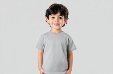 Happy young boy wearing a gray t-shirt, smiling against a pastel background.