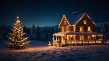 Winter wonderland with house decorated at christmas time 