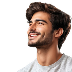 Obraz premium Man smiling upward, dark hair, casual pose, wearing light-colored shirt, relaxed expression, bright background, natural light. Isolated on white background or PNG