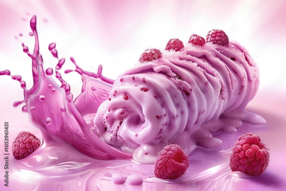 Poster pink swirl of ice cream with raspberries on top. the ice cream is dripping and splashing, creating a