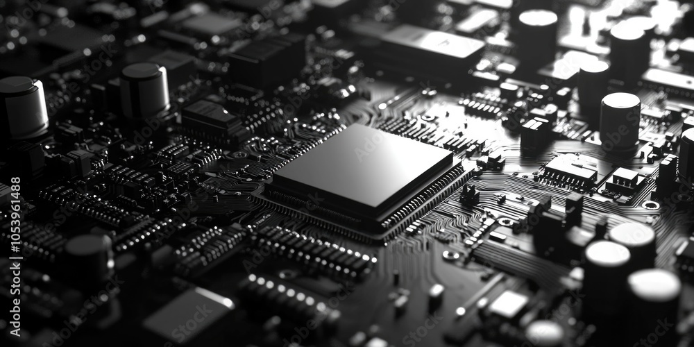 Poster close up of a computer chip. the chip is black and white and has a metallic look to it. concept of t