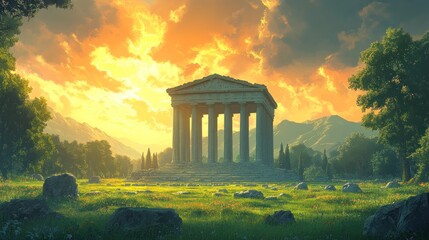 Obraz premium Ancient Greek Temple Amidst a Verdant Landscape at Sunset