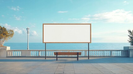 Serene coastal promenade with empty billboard and wooden bench overlooking tranquil blue sea, white balustrade, and clear sky, perfect for advertising.
