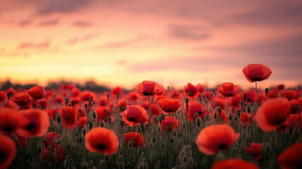 Obraz premium A vibrant field of red poppies blooms under a dramatic sunset, creating a picturesque landscape that emphasizes nature's beauty and serenity.