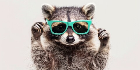 Fototapeta premium Raccoon wearing sunglasses and holding its paw up. The raccoon is wearing a pair of green sunglasses and he is posing for a photo