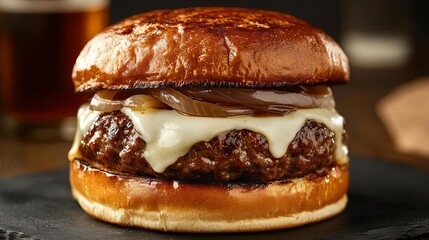 Smoky grilled patty with caramelized onions, brioche bun, melted Swiss cheese, warm and cozy lighting