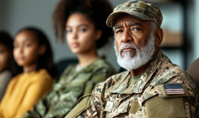 A thoughtful veteran in military attire sits with young individuals, reflecting on experiences, showcasing diversity and resilience in a shared space.