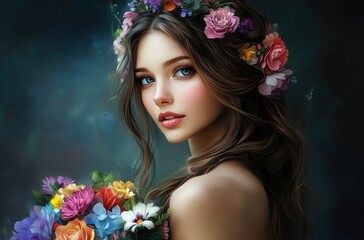 Naklejka premium A beautiful woman with colorful flowers in her hair, holding large bouquets of flowers, against a dark background