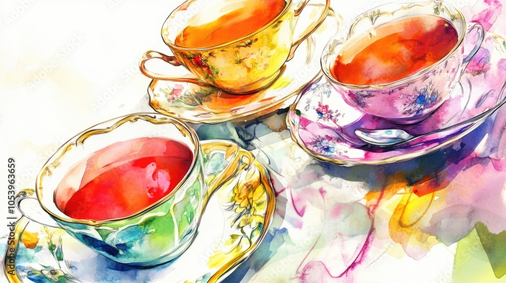 Aufkleber three cups of tea are arranged on a table with colorful plates. the cups are of different colors and