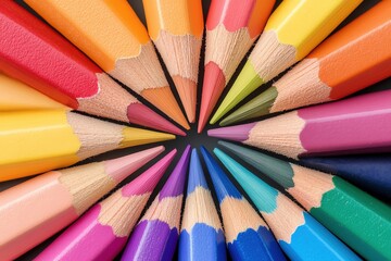 Fototapeta premium Closeup of sharpened colored pencils in a rainbow arrangement, symbolizing creativity and artistic expression, art materials, color harmony