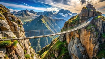 Fototapeta premium Rugged mountain terrain with suspension bridge Leading Lines