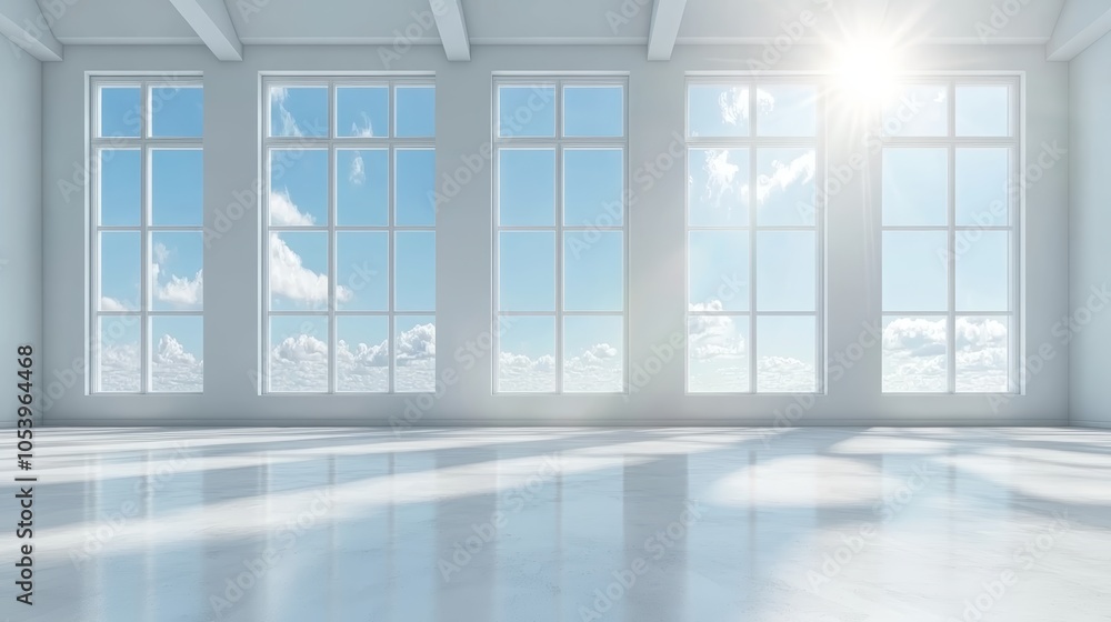 Poster bright and airy empty room with large windows showcasing expansive sky views spacious