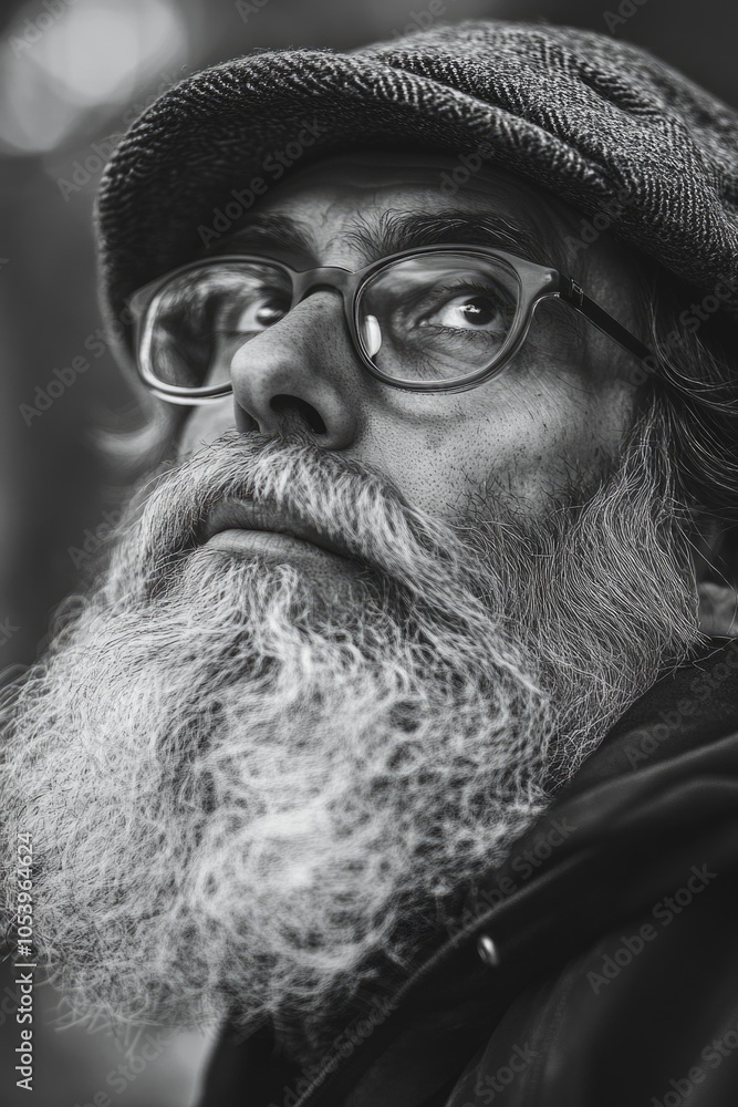 Aufkleber man with a beard and glasses is looking up at the camera. the image has a moody and contemplative fe