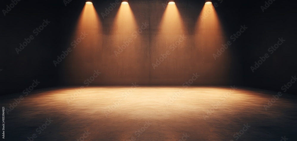 Poster dimly lit empty stage with four overhead spotlights casting a warm glow, creating a dramatic atmosph