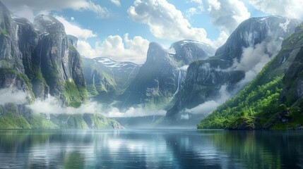 Fototapeta premium Majestic Mountain Range with Serene Lake and Mist Stunning Natural Landscape