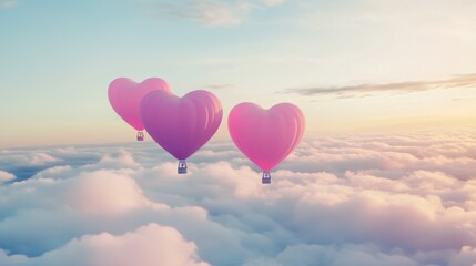 Fototapeta premium Three pink balloons with hearts on them flying in the sky. The balloons are in the clouds and the sky is blue