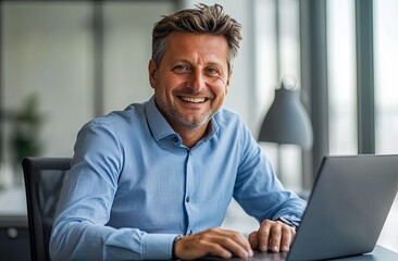 Fototapeta premium Portrait of a handsome businessman working on a laptop in an office, smiling at the camera while sitting behind a desk with a computer