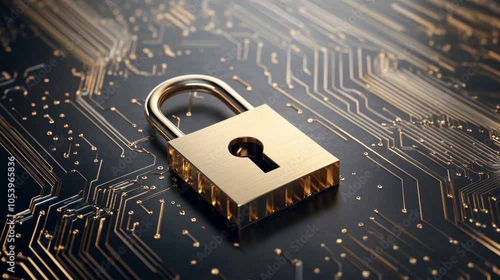 Poster digital security symbolized by padlock on circuit board, protecting technology and data