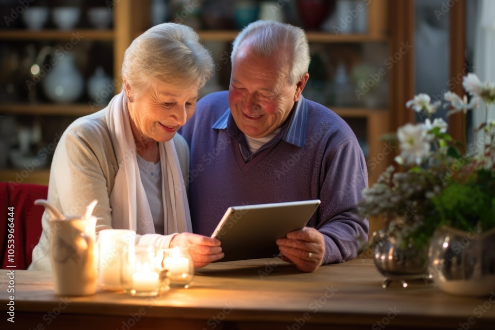 Poster man and woman are sitting at a table with a tablet in front of them. they are looking at the tablet 
