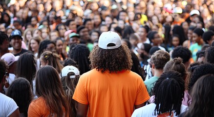 A large crowd of people in the city, including men and women with different skin tones and hair colors