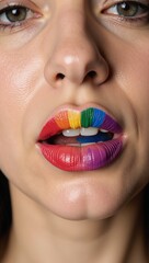 Woman showcasing vibrant LGBTQ symbols painted on lips using advanced technology for empowering...