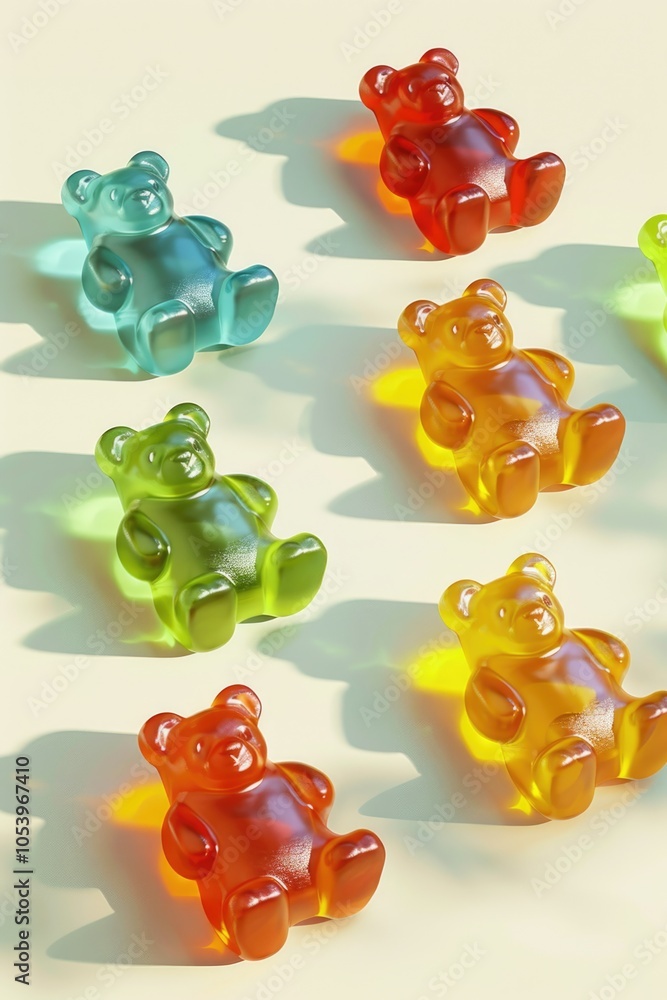 Aufkleber row of gummy bears in various colors sit on a table. the bears are all different sizes and colors, c