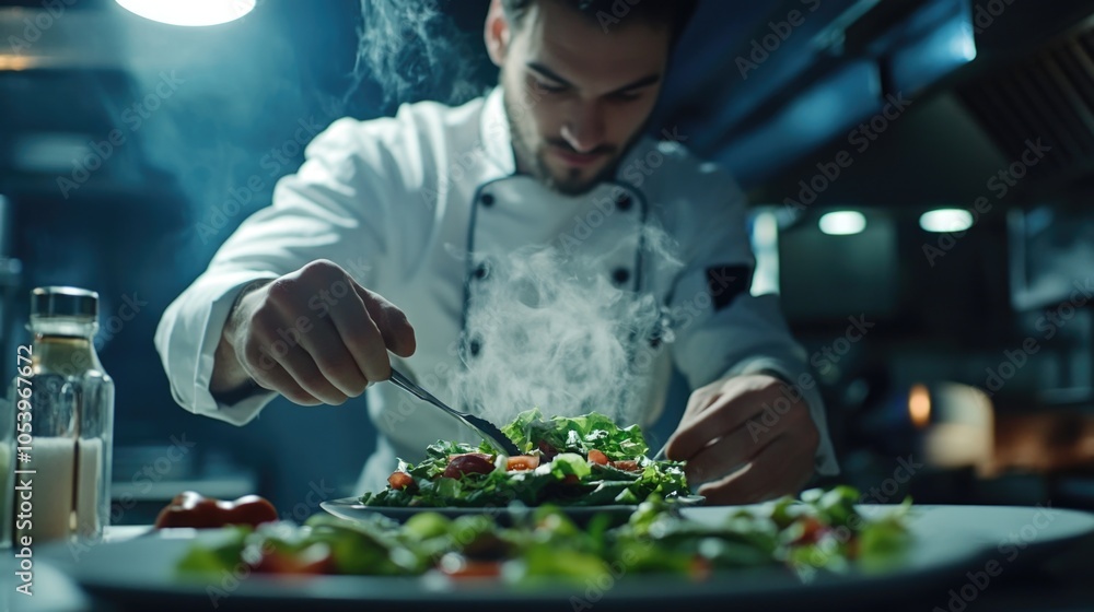 Poster chef is cooking a salad with a spoon. the salad is on a plate and the chef is adding more ingredient