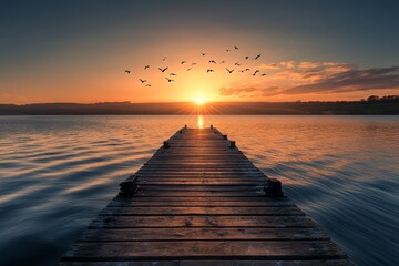 Fototapeta premium A serene sunset view over calm waters. A wooden pier stretches into the horizon. Birds fly gracefully in the sky above. Perfect for relaxation and nature themes. Generative AI