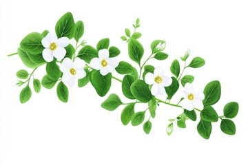 Obraz premium White flower with green leaves is shown in a line. The flowers are arranged in a way that they are all facing the same direction. The image has a serene and peaceful mood