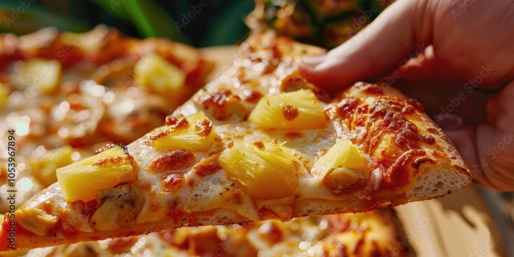 Poster slice of pineapple pizza is being held by a person. the pizza is cut into a triangle and has a gener