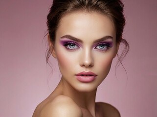 Fototapeta premium A captivating close-up portrait of a beautiful young woman with makeup