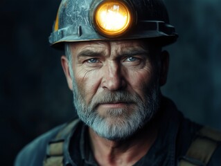 Close portrait 50yo Miner no beard in a helmet with a single headlamp.