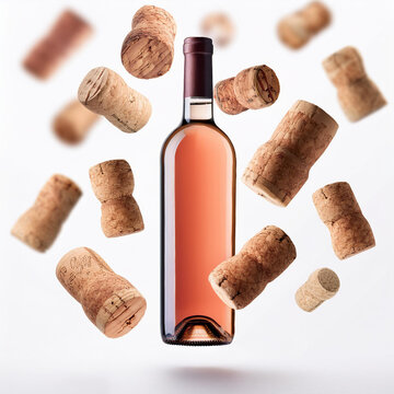Garrafa de vinho rose, flutuando no ar, isolado em fundo branco. Sa&uacute;de, vinho &eacute; vida. Taninos suaves, suavidade, refrescante.. Rolhas caindo ao redor da garrafa. Corti&ccedil;a. Barman, bares, winebar.