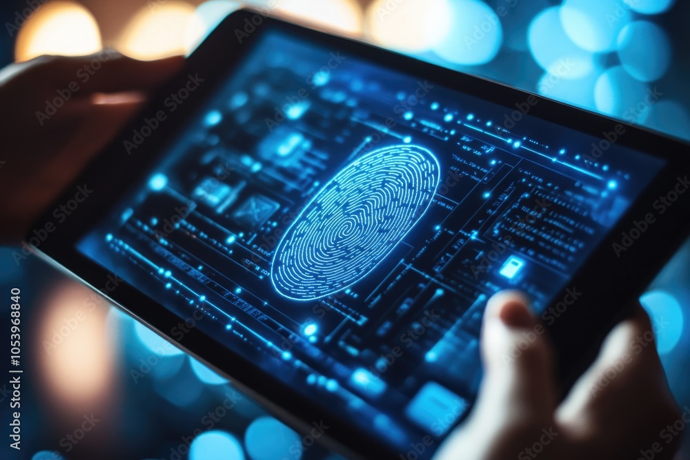 Poster tablet screen shows a digital fingerprint. concept of security and trust, as fingerprints are unique