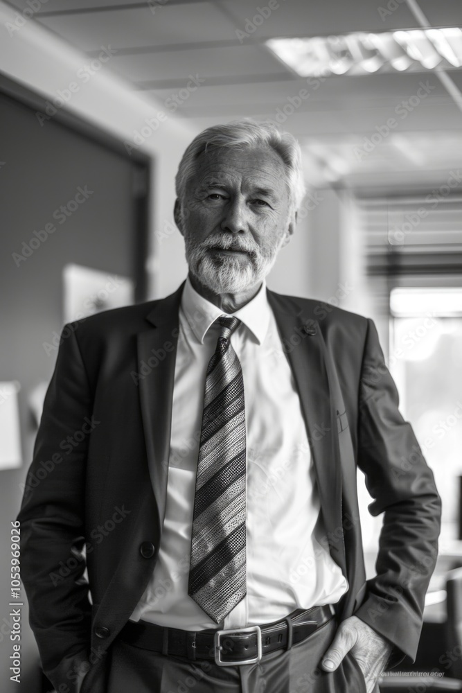 Poster man in a suit and tie stands in front of a wall with a picture on it. he is wearing a striped tie an