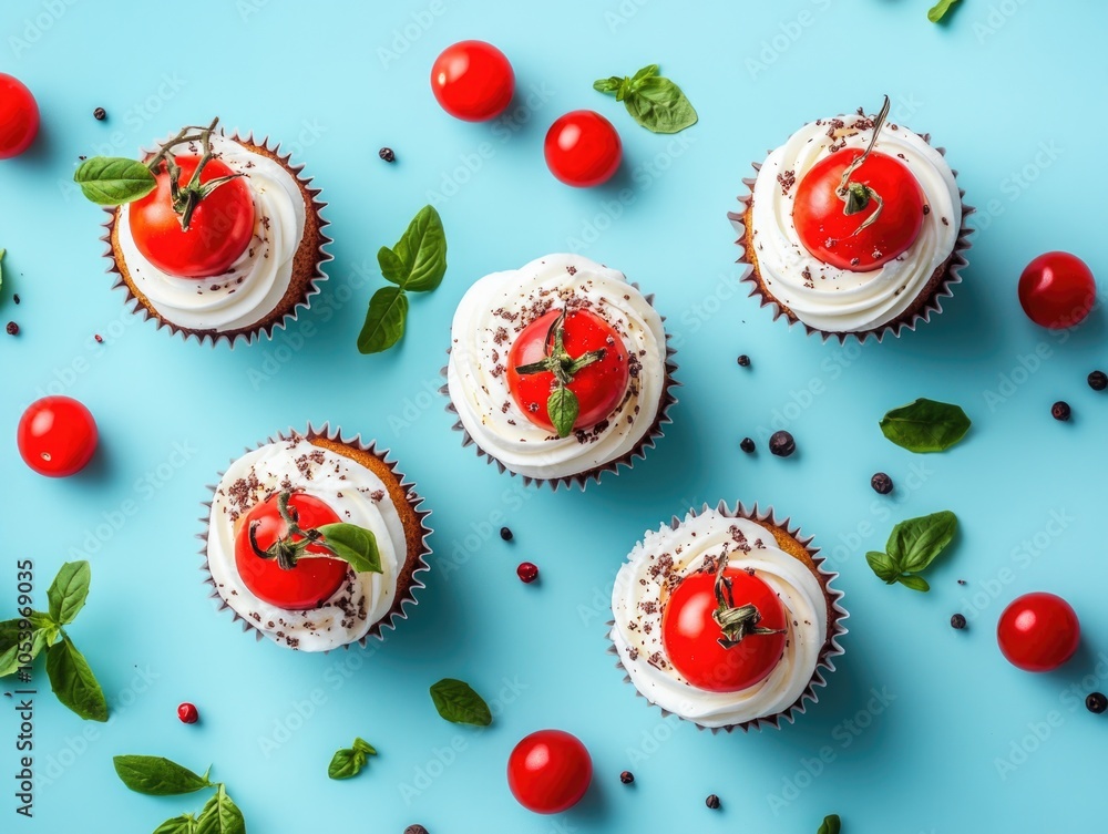 Aufkleber group of cupcakes with a tomato on top and some red berries scattered around them. the cupcakes are 