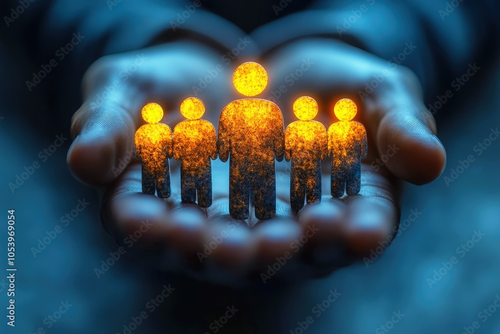Poster human connection: a digital rendering of interconnected figures held in open hands, symbolizing the 