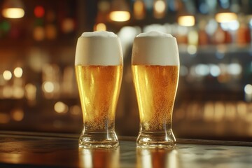 Refreshing Beers in Glasses on Bar Counter