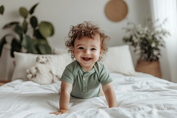 Fototapeta premium a happy baby in a green shirt crawling on a white bed, a stock photo with a simple composition, a feminine and sunny light background