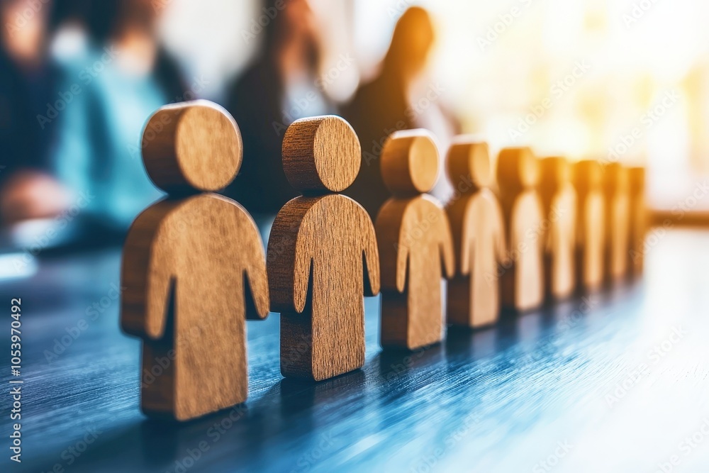 Poster wooden figures in a row: a line of wooden figures stands in a row, symbolizing unity, teamwork, and 