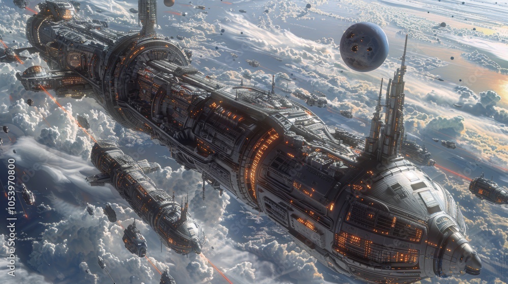 Poster futuristic spaceships flying through clouds in outer space