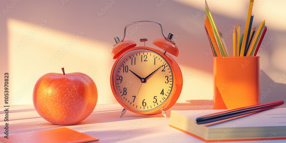 Poster Clock with the hands on the number 3 and 6 sits on a table next to an orange apple and a pencil case